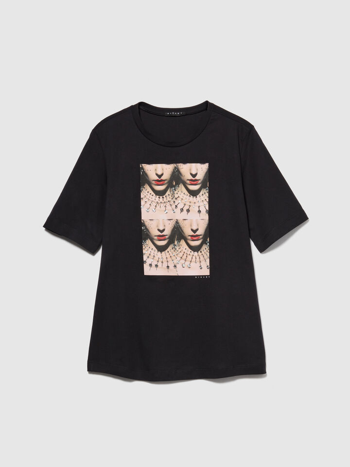 T-shirt with print and studs - women's short sleeve t-shirts - Black | Sisley image number 6